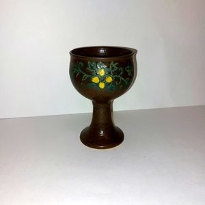 Vintage Wine Chalice Pottery Stoneware Glazed Brown Etched Lemon Scroll Handmade